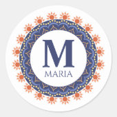 Sticker Rond Nom du monogramme bleu marine Mandala Custom (Devant)