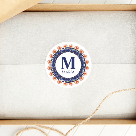 Sticker Rond Nom du monogramme bleu marine Mandala Custom