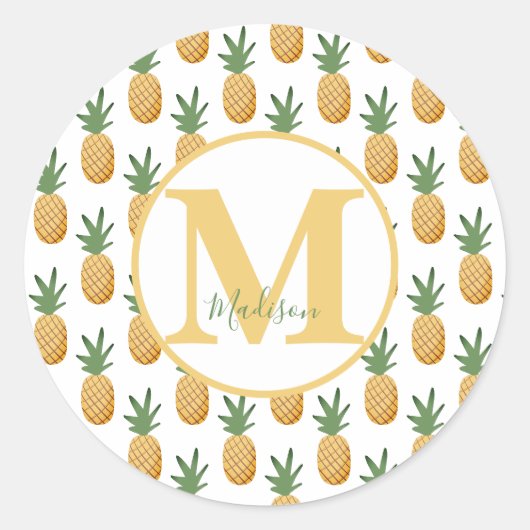 Sticker Rond Nom du monogramme d'ananas tropique classique Rou (Devant)