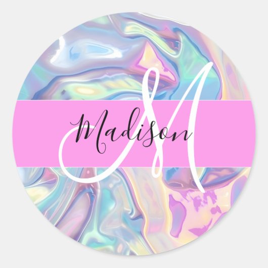 Sticker Rond Nom du monogramme d'iridescendance rose-fille (Devant)