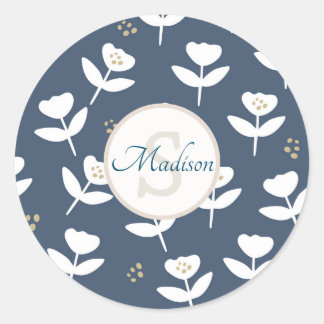 Sticker Rond Nom du monogramme floral bleu et blanc