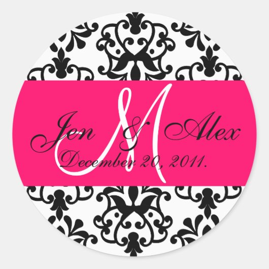 Sticker Rond Nom du monogramme Mariage rose chaud Date du sceau (Devant)