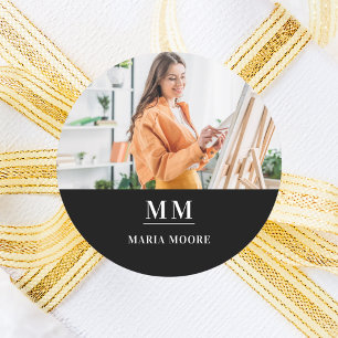 Sticker Rond Nom du monogramme photo noir blanc