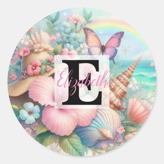 Sticker Rond Nom du monogramme sur l'aquarelle Fleurs coquillag (Devant)