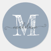 Sticker Rond Nom du script moderne Monogramme initial Dusty Blu (Devant)