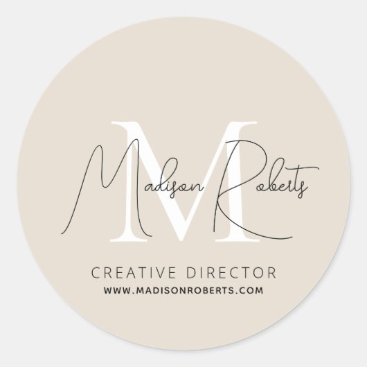 Sticker Rond Nom du script monogramme moderne logo beige (Devant)