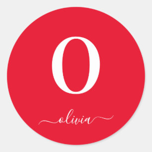 Sticker Rond Nom du script Monogramme Personnalisé Rouge Et Bla