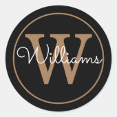 Sticker Rond Nom élégant de monogramme noir et or (Devant)