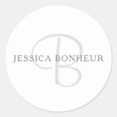 Sticker Rond Nom élégant Monogramme | Blanc et gris (Devant)