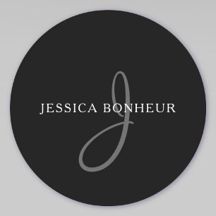 Sticker Rond Nom élégant Monogramme Blanc & Gris
