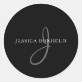 Sticker Rond Nom élégant Monogramme | Blanc & Gris (Devant)