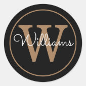 Sticker Rond Nom Élégant Monogramme Noir Et Or (Devant)