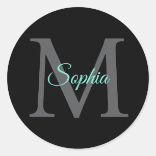 Sticker Rond Nom en écriture sarcelle, grand monogramme gris su