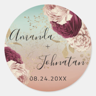 Sticker Rond Nom Enregistrer La Date Rose Gold Florals Bleu