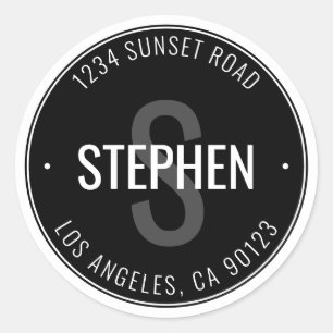 Sticker Rond Nom et adresse minimalistes modernes Noir et bla