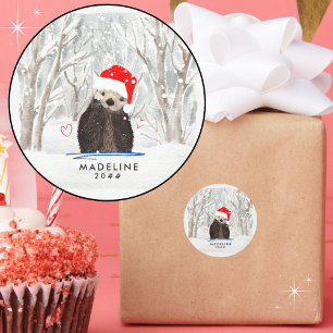 Sticker Rond Nom et année de Père Noël Otter Kid's mignon et mi