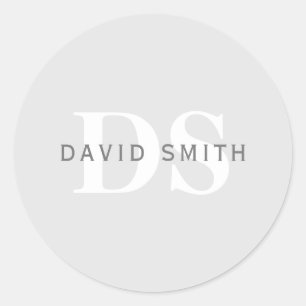 Sticker Rond Nom et monogramme modernes   Blanc gris clair et f