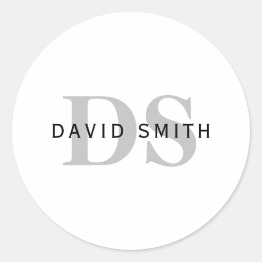 Sticker Rond Nom et monogramme modernes | Blanc noir et gris (Devant)