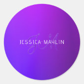 Sticker Rond Nom et monogramme modernes de dégradé pourpre (Devant)