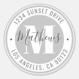Sticker Rond Nom et texte circulaire monogrammes Gris et blan