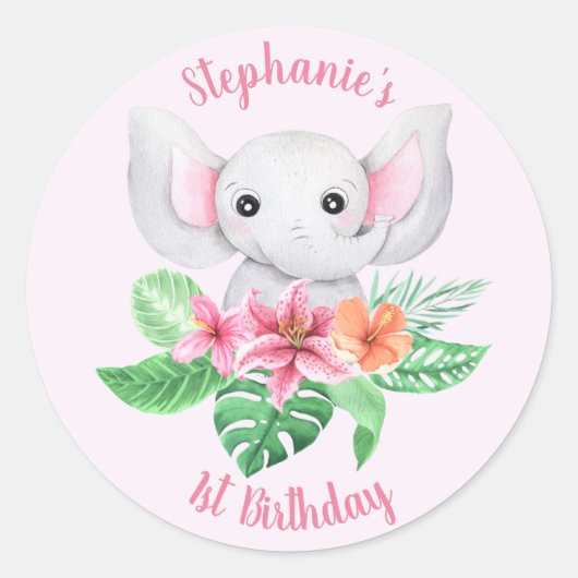 Sticker Rond Nom mignon Jungle rose gris éléphant 1er anniversa (Devant)