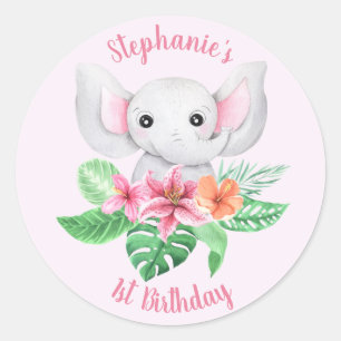 Sticker Rond Nom mignon Jungle rose gris éléphant 1er anniversa