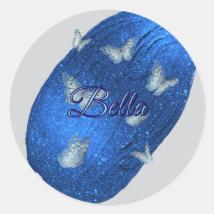 Sticker Rond Nom Modern Shining Royal Blue avec des papillons