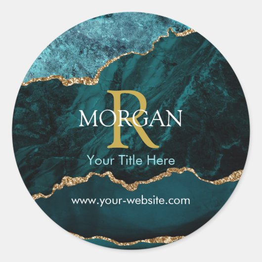Sticker Rond Nom & Monogramme, Agate noir Turquoise, Texte blan (Devant)