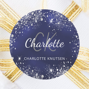 Sticker Rond Nom monogramme en poussière de paillettes argentée