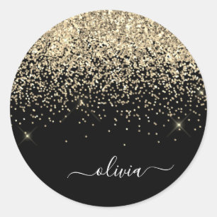 Sticker Rond Nom Monogramme Pailleté Fille Doré Noir