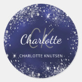 Sticker Rond Nom monogramme paillettes argentées bleu marine (Devant)