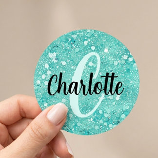 Sticker Rond Nom Monogramme Paillettes Faux Brillant Glamour Sa