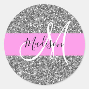 Sticker Rond Nom Monogramme Paillettes Rose & Argent Glamour
