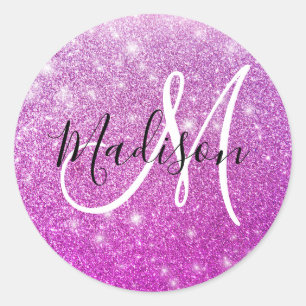 Sticker Rond Nom Monogramme Paillettes Violet Girly & Glam
