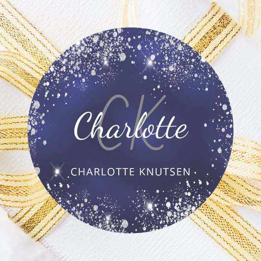 Sticker Rond Nom monogramme poussière de paillettes argentées b