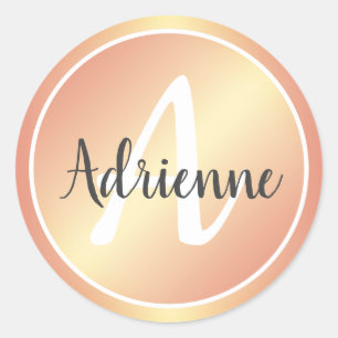 Sticker Rond Nom Monogramme Rose Gold Élégant Pastel Rose Jaune