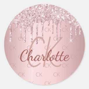 Sticker Rond Nom monogramme rose gouttes de parties scintillant