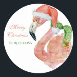 Sticker Rond Nom personnalisable Pink Christmas Père Noël Flama<br><div class="desc">Nom personnalisable Pink Christmas Père Noël Flamant rose Classic Round Sticker.</div>