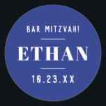 Sticker Rond Nom personnalisé Barre ou Bat mitzvah moderne clas<br><div class="desc">Un sticker moderne bleu et blanc Bar Mitzvah, Bat mitzvah ou Anniversaire et un étiquette de faveur peuvent être personnalisés avec votre nom et date ou n'importe quelle formulation de votre choix. * * * CLIQUEZ sur PERSONNALISER pour modifier la police, le placement du texte, le texte et les couleurs...</div>