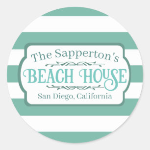 Sticker Rond Nom personnalisé Beach House Turquoises bandes