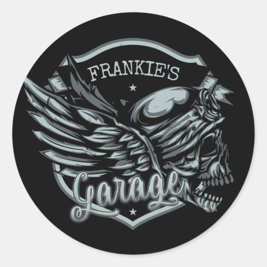 Sticker Rond Nom personnalisé Biker Skull Wings Motorcycle Gara (Devant)