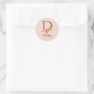Sticker Rond Nom personnalisé Blush Roses Rose lettre D en or