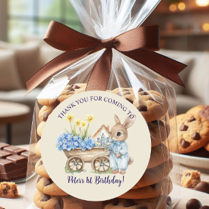Sticker Rond Nom Personnalisé Bunny Fleurs Bleues Anniversaire