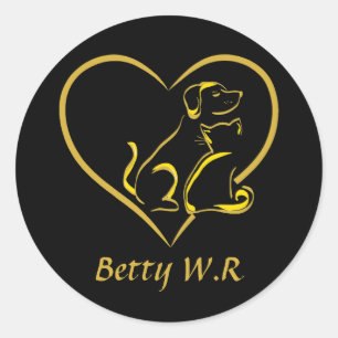 Sticker Rond Nom personnalisé Chat, Chien et Ligne d'amour Art