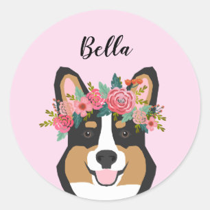 Sticker Rond Nom personnalisé de Corgi tricolore