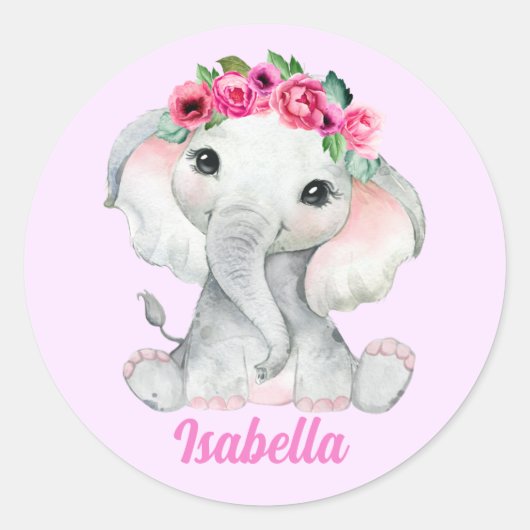Sticker Rond Nom personnalisé de l'éléphant rose floral (Devant)