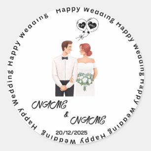 Sticker Rond Nom personnalisé du Mariage heureux