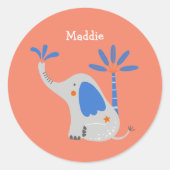 Sticker Rond Nom personnalisé Éléphant mignon avec palmier Carr (Devant)