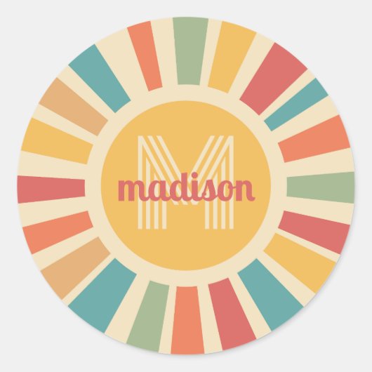 Sticker Rond Nom personnalisé et bandes rétro monogrammes (Devant)