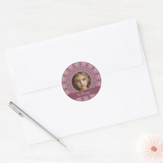 Sticker Rond Nom Personnalisé Joli rose Floral Mandala Cadre ph (Enveloppe)